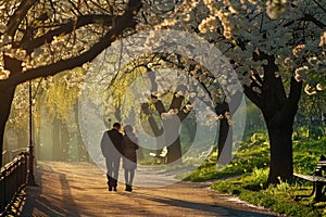 A couple, lovers, take a leisurely walk down a park path, basking in the birdsong