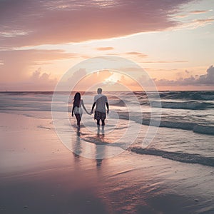 Couple of lovers walking inside water on tropical beach in summer vacation at sunset-Love, travel and landscape concept