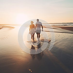 Couple of lovers walking inside water on tropical beach in summer vacation at sunset.Love, travel and landscape concept