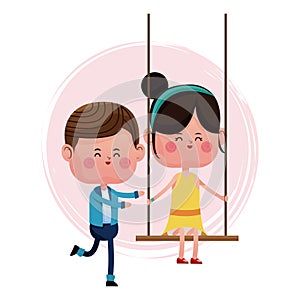 Couple loving pushing girl swing