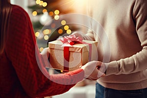 Couple lovingly giving each other gifts on Christmas Eve close up