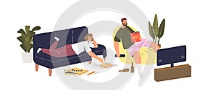 Couple lying on coach in living room, eating food from delivery and watching tv during weekend photo