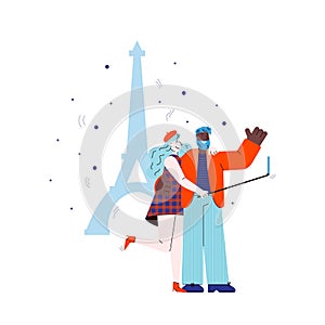 Couple makes selfie on Eiffel Tower backdrop sketch vector illustration isolated.