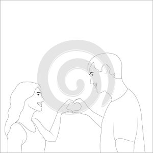 A couple making heart shape with hands, Couple character outline illustration on white background, vector illustration for