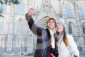 Couple making selfie outdoors