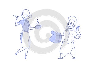 Couple male female chef cooks tasting soup teamwork woman man restaurant uniform food cooking together concept sketch