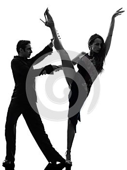 Couple man woman ballroom dancers tangoing silhouette