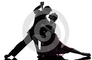 Couple man woman ballroom dancers tangoing silhouette