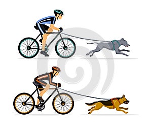 Couple, Man and Woman bikejoring with their dogs vector illustration.