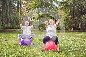 Couple man and woman doing fitness exercises on fitness ball in park
