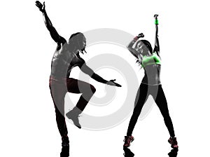 Couple man and woman exercising fitness zumba dancing silhouette