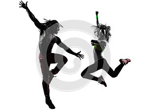 Couple man and woman exercising fitness zumba dancing silhouette