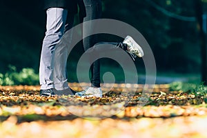 Couple Man and Woman Feet in Love. Happy young family concept. Lifestyle with nature on background.