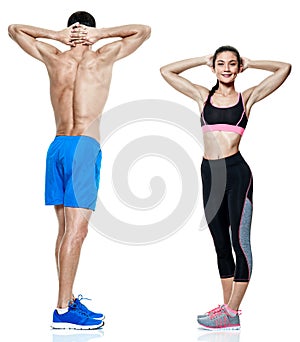 Couple man and woman fitness exercises isolated