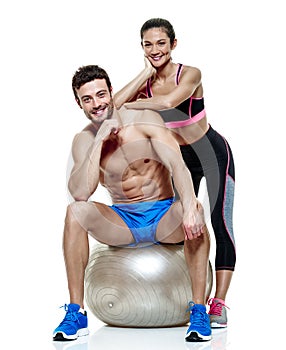 Couple man and woman fitness exercises isolated