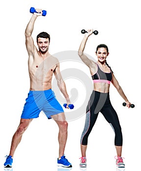 Couple man and woman fitness exercises isolated