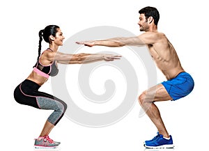 Couple man and woman fitness exercises isolated