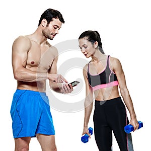 Couple man and woman fitness exercises isolated