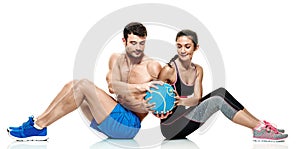 Couple man and woman fitness exercises isolated