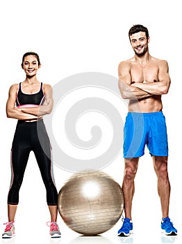 Couple man and woman fitness exercises isolated