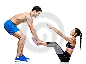 Couple man and woman fitness exercises isolated