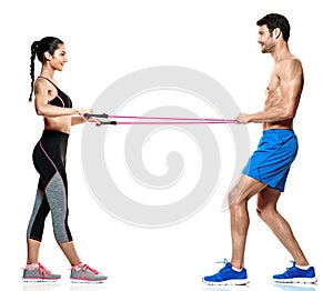 Couple man and woman fitness exercises isolated