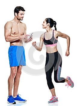 Couple man and woman fitness exercises isolated