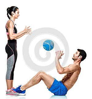 Couple man and woman fitness exercises isolated