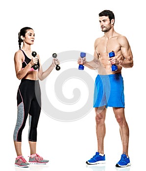 Couple man and woman fitness exercises isolated