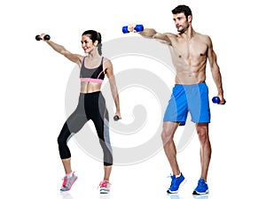 Couple man and woman fitness exercises isolated