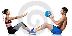 Couple man and woman fitness exercises isolated