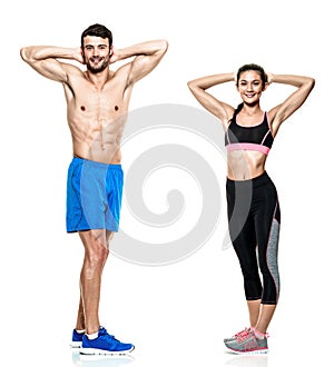 Couple man and woman fitness exercises isolated