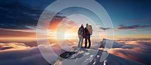 Couple of man and woman hikers on top of a mountain in winter at sunset or sunrise, together enjoying their climbing success