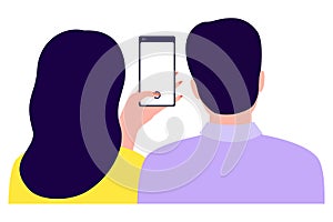 Couple man and woman holding smartphone, back view. Girl taking photo, selfie. Pair photo girl and guy on phone. Vector