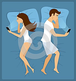 Couple, man and woman lying apart in the bed with smartphones