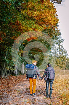 couple man and woman mid age walking in the forest during Autumn season in nature trekking with orange red color trees