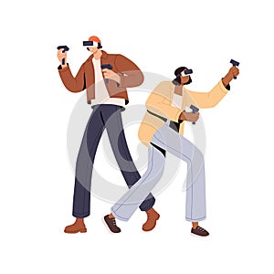 Couple of man and woman playing in virtual reality, wearing VR headset. Happy friends, guy and girl in digital glasses
