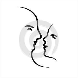 Couple man and woman profile silhouette face to face. Male and female head black shadow.