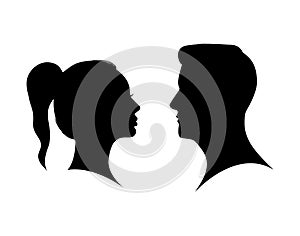 Couple man and woman profile silhouette face to face. Male and female head black shadow. Anonymous concept. Beauty boy and girl