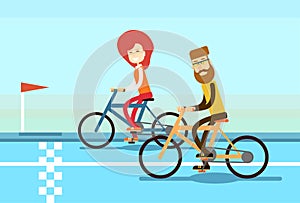 Couple Man Woman Ride Bicycle Race Road