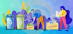 Couple of man and woman separate sorted and unsorted wastes. Vector illustration showing characters sorting trash.