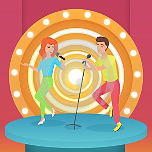 Couple, man and woman singing karaoke song with microphone standing on circle modern stage with lamps vector