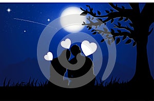 A couple man and woman sitting under tree with Moon on sky at night time design