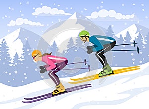 Couple, Man and Woman skiing downhill.