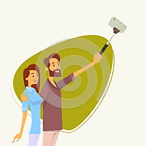 Couple Man Woman Taking Selfie Photo On Smart Phone With Stick