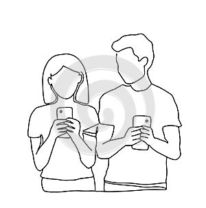 Couple man and woman together with phones and gadgets. Friendship concept, team work. Friend line illustration