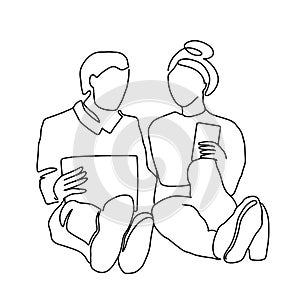 Couple man and woman together with phones and gadgets. Friendship concept, team work. Friend line illustration