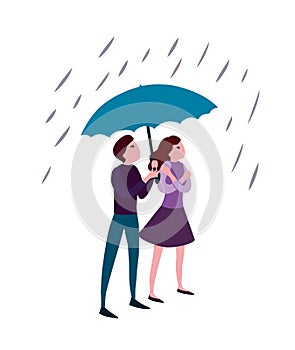 Couple of man and woman under umbrella in rain. Vector flat, cartoon people