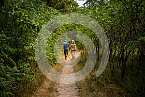 The couple man and woman walking in the forest. Path, way