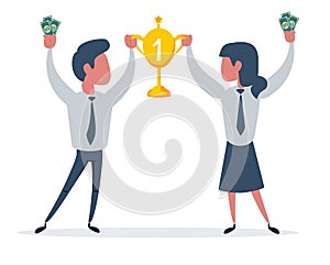 Couple of man and woman winners holding golden Cup. Happy successful people win award. Concept of goal achievement